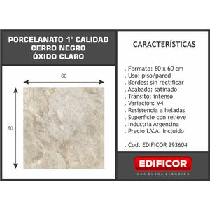 PORCELANATO 60 X 60 OXIDO CLARO CERRO NEGRO CAJA x 1,80M2